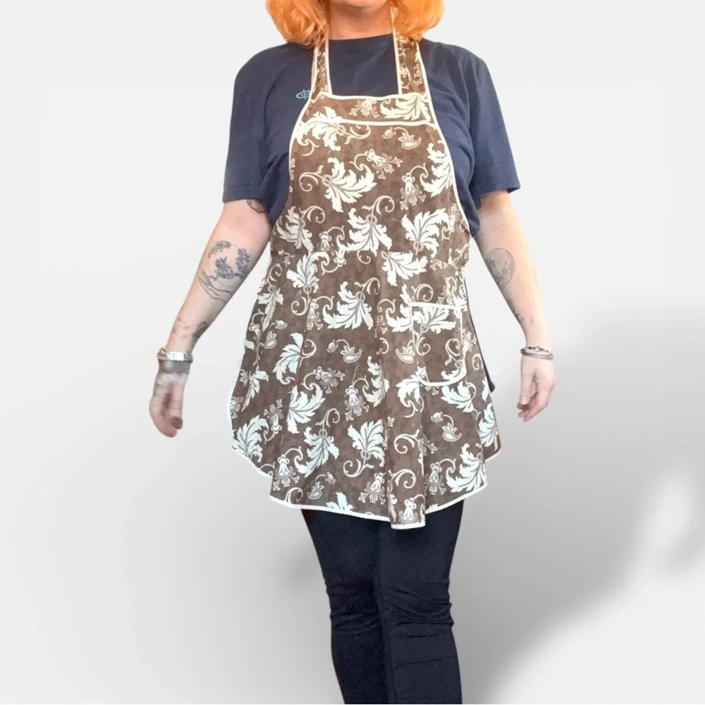 Vintage 50s Single Stitch Women’s Kitchen Apron Brown Floral Print Front Pocket